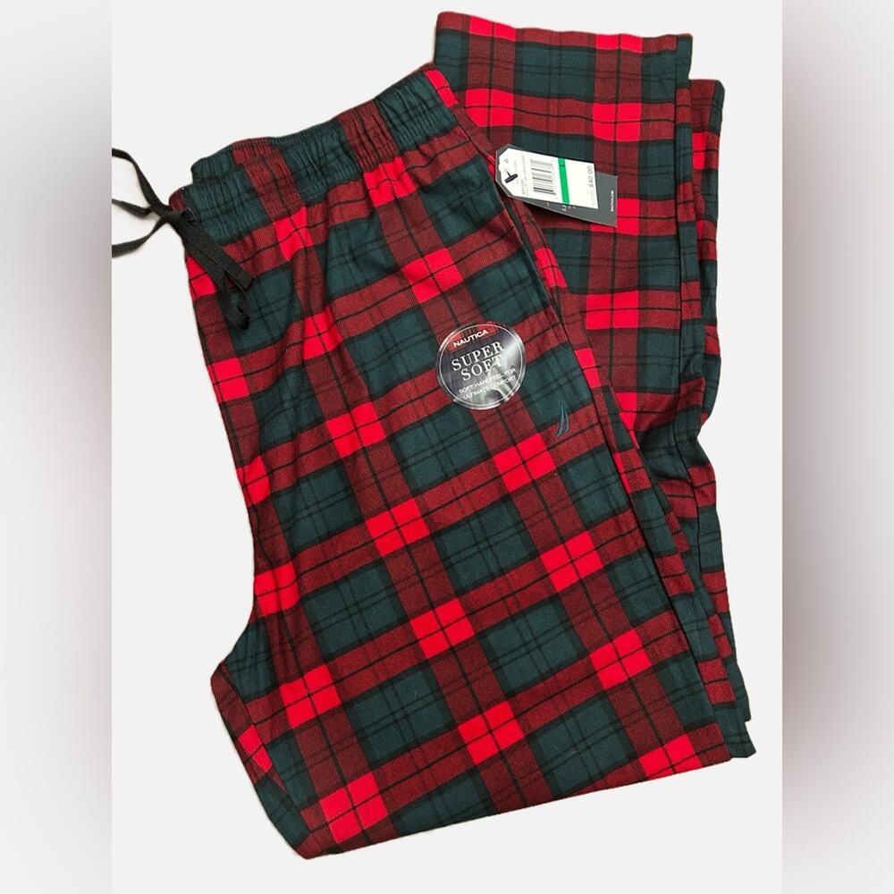NAUTICA Super Soft Cozy Fleece Pajama Pant Green/Red Plaid Men's Large-NWT